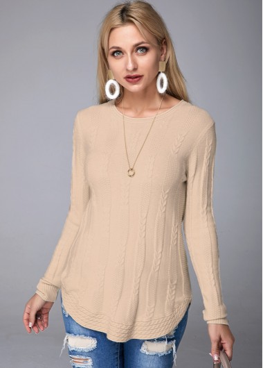 Rib Knit Round Neck Long Sleeve Sweater - L