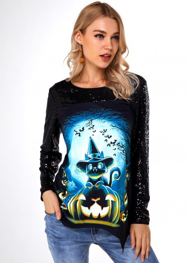 Modlily Halloween Print Asymmetric Hem Sequin T Shirt - XS