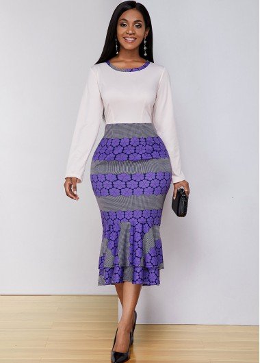 Printed Round Neck Long Sleeve Mermaid Dress - L