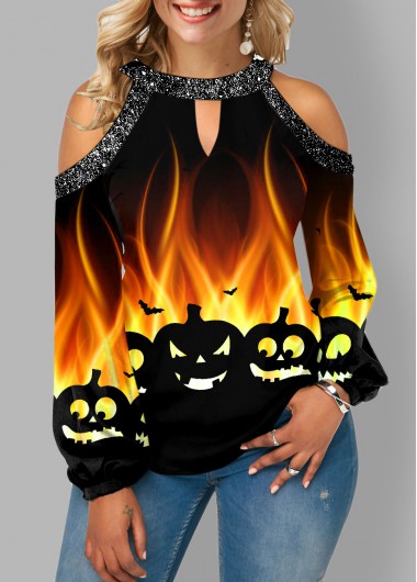 Modlily 4-Days Delivery Halloween Print Bib Neck Sequin Blouse - M