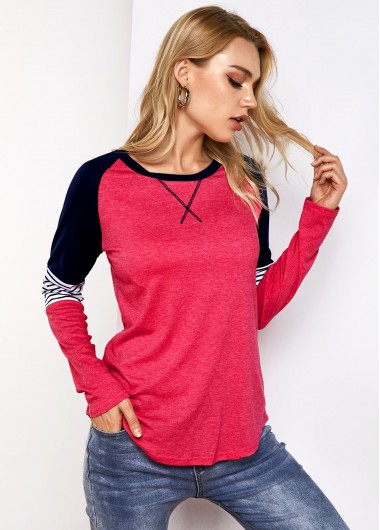 Modlily Round Neck Stripe Print Contrast T Shirt - XL