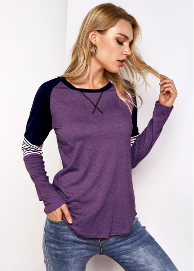 Modlily Round Neck Stripe Print Contrast T Shirt - XL