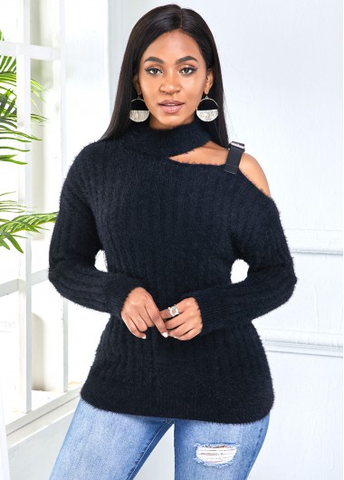 One Cold Shoulder Buckle Detail Long Sleeve Sweater - L