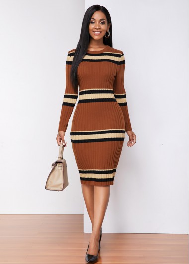 Round Neck Long Sleeve Contrast Sweater Dress - L