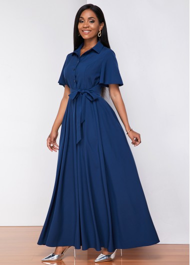 Turndown Collar Button Up Belted Shirt Dress - L