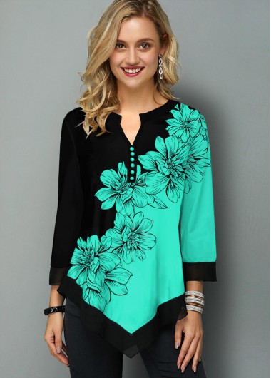 Modlily Asymmetric Hem Split Neck Floral Print Blouse - XS
