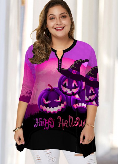Modlily Plus Size Halloween Print Split Neck Blouse - 2X