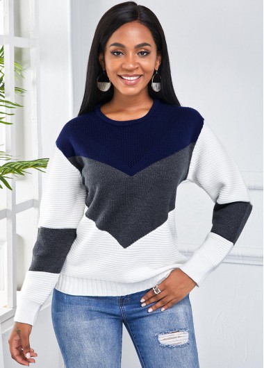 Color Block Round Neck Long Sleeve Sweater - L