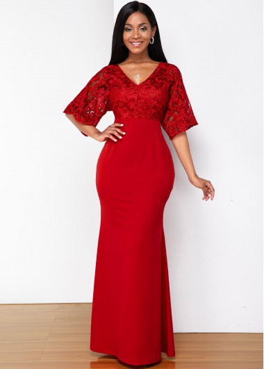 Lace Stitching V Neck Butterfly Sleeve Maxi Dress - L
