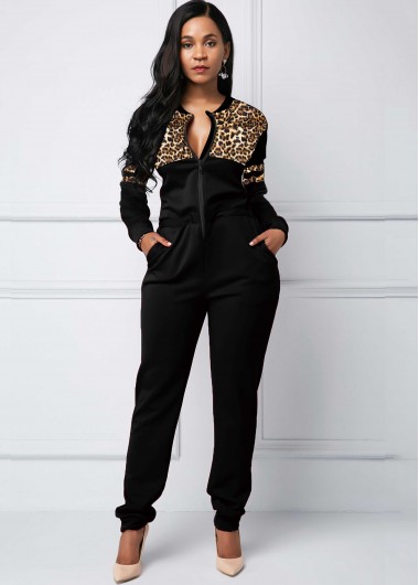 Modlily Black Jumpsuit With Side Pocket Leopard Print Jumpsuit Long Sleeve Jumpsuit for Women - M