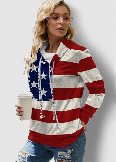 Modlily American Flag Print Drawstring Long Sleeve Sweatshirt - M