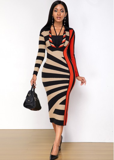 Geometric Print Turndown Collar Sweater Dress - M