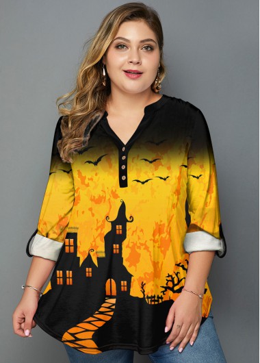Modlily Plus Size Halloween Print Split Neck Blouse - 1X