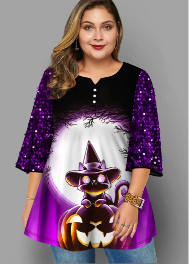 Modlily Plus Size Halloween Print Sequin T Shirt - 3X