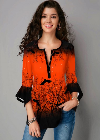 Modlily Halloween Print Hanky Cuff Round Neck Blouse - M
