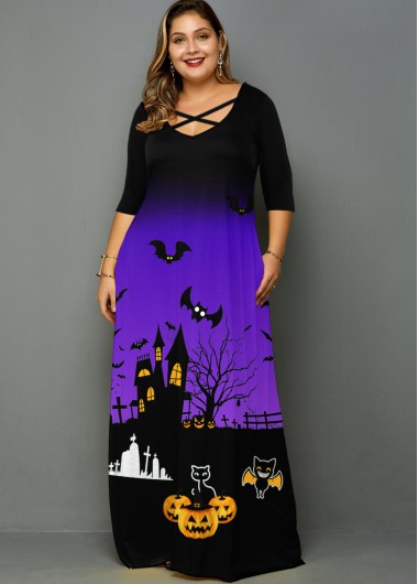 Modlily Plus Size Halloween Print Pocket Maxi Dress - 2X
