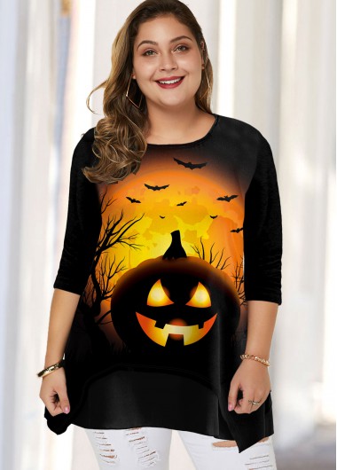 Modlily Plus Size Halloween Print Round Neck T Shirt - 2X