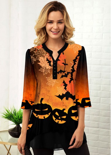 Modlily Halloween Print Split Neck Three Quarter Sleeve Blouse - S