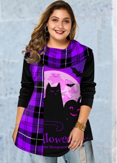 Modlily Plus Size Plaid and Halloween Print Tunic Top - 2X