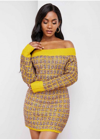 Off Shoulder Contrast Long Sleeve Sweater Dress - L