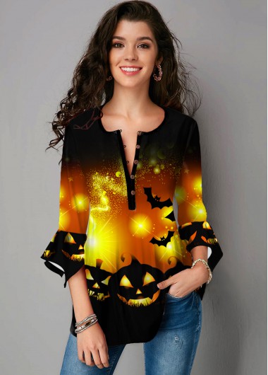 Modlily Halloween Print Hanky Cuff Round Neck Blouse - XS