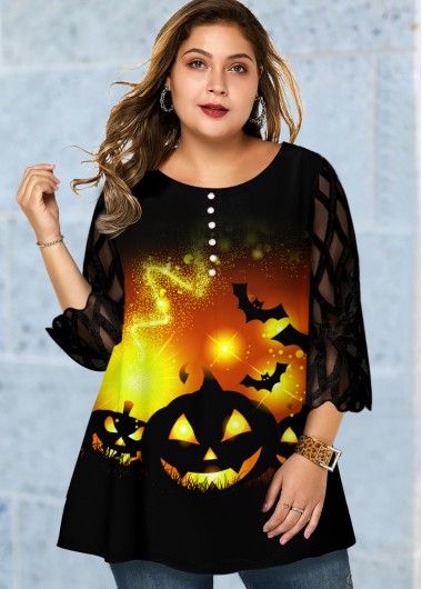Modlily Plus Size Halloween Print Mesh Panel T Shirt - 2X