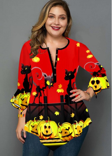 Modlily Plus Size Halloween Print Hanky Cuff Blouse - 1X