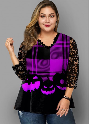 Modlily Plus Size Halloween Print Lace Panel T Shirt - 2X