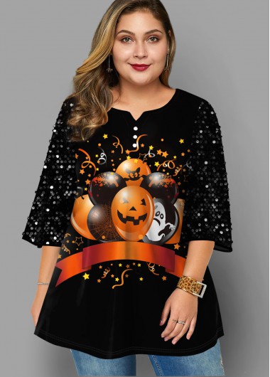 Modlily Plus Size Halloween Print Sequin T Shirt - 2X