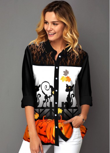Modlily Halloween Print Button Up Lace Panel Shirt - XS