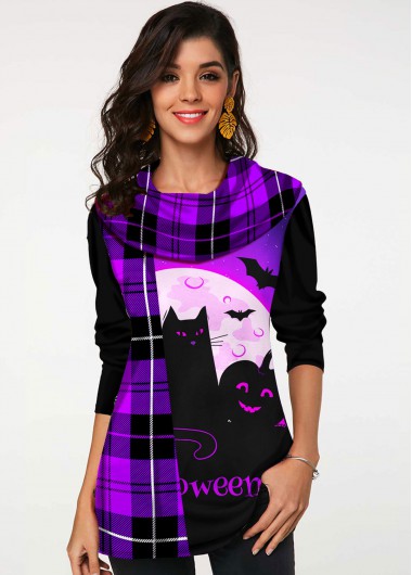 Modlily Plaid Halloween Print Long Sleeve Tunic Top - XL