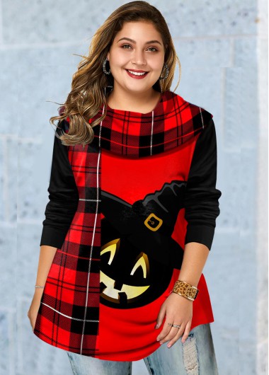 Modlily Plus Size Halloween Print Long Sleeve Tunic Top - 1X