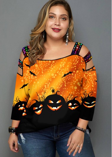 Modlily Plus Size Halloween Print Cold Shoulder T Shirt - 3X