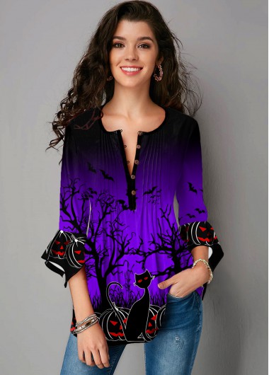 Modlily Halloween Print Hanky Cuff Round Neck Blouse - XS
