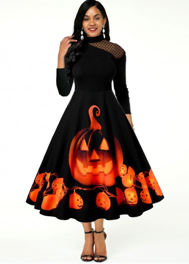 Halloween Print Mesh Panel Long Sleeve Dress - L