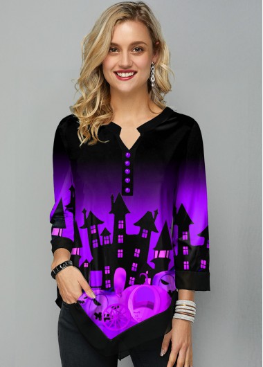 Modlily Asymmetric Hem Halloween Print Split Neck Blouse - M