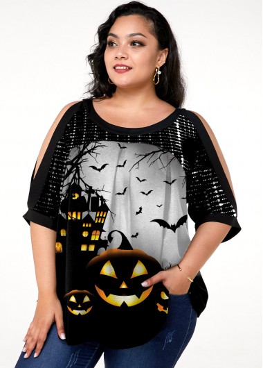 Modlily Plus Size Sequin Halloween Print Cold Shoulder T Shirt - 1X
