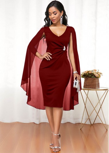 Modlily Wine Red Cape Shoulder V Neck Dress - S