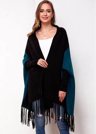 Color Block Tassel Hem Blouson Sleeve Cardigan - L