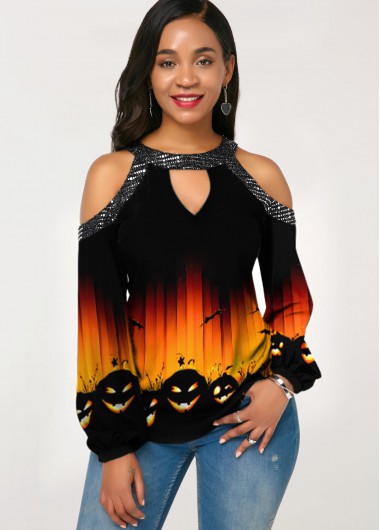 Modlily Halloween Top Printed Cold Shoulder Long Sleeve Blouse for Women - XS
