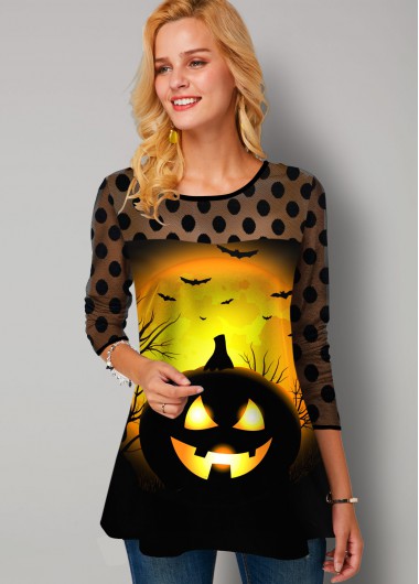 Modlily Halloween Print Dot Mesh Panel T Shirt - L