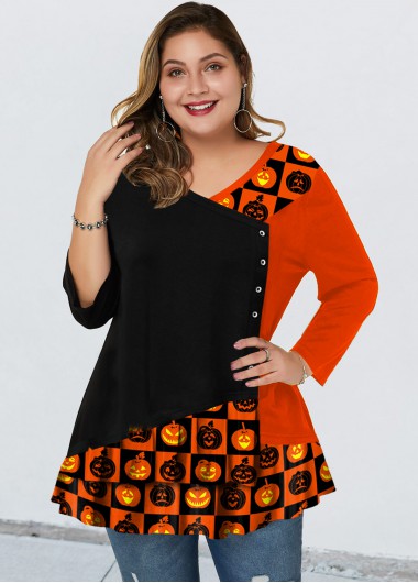 Modlily Plus Size Halloween Print Asymmetric Neck T Shirt - 1X