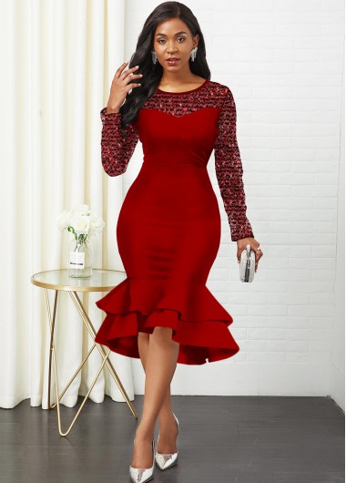 Sequin Detail Round Neck Long Sleeve Mermaid Dress - L