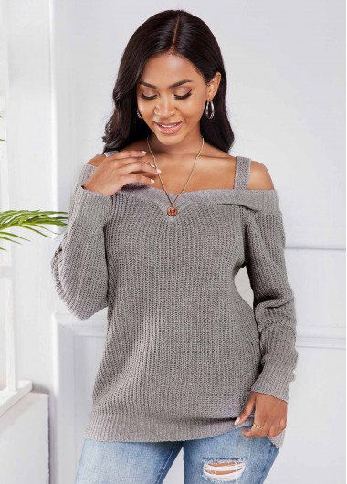 Modlily Cold Shoulder Long Sleeve Light Grey Sweater - M