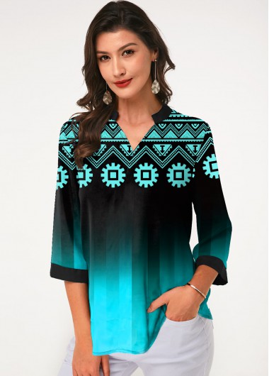 Modlily Tribal Print Split Neck Three Quarter Sleeve Blouse - XS