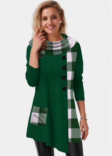 Image of Asymmetric Hem Plaid Print Button Detail Tunic Top - M