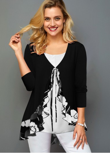 Black Ruffle Floral Print Long Sleeve T Shirt | modlily.com - USD 8.99