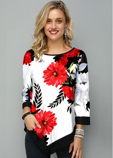Image of Asymmetric Hem Floral Print Round Neck T Shirt - L