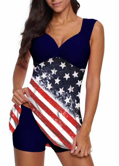 Modlily American Flag Print Wide Strap Swimdress Swimsuit With Shorts - XS