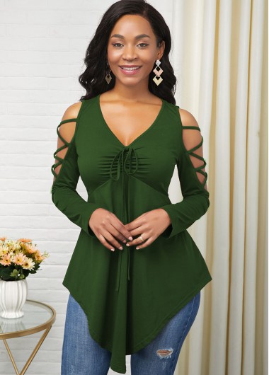 Modlily Cold Shoulder Center Shirred Asymmetric Hem T Shirt - M